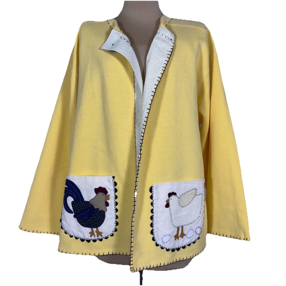 Upcycled‎ Authentic Pigment Sweatshirt Jacket XL Yellow Rooster Hen Applique